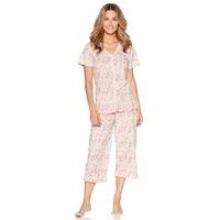Ladies cotton jersey cherry blossom print Short Sleeve V Neck T-Shirt And Cropped Trouser Pyjama Set - Oatmeal