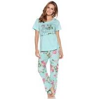 Ladies cotton jersey short sleeve t-shirt and elasticated trousers Floral garden print pyjama set - Mint