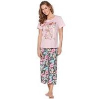 Ladies Cotton summer floral print Short Sleeve T-Shirt And Cropped Trouser Pyjama Set - Pink
