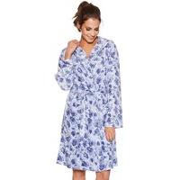 Ladies floral pattern super soft plush fleece mid length dressing gown robe - Blue