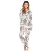 Ladies super soft elasticated waist cuffed ankles floral print ribbed loungewear bottoms - Grey Marl