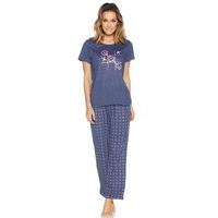 Ladies cotton blend short sleeve Hearts and crosses print top and full length trouser pyjama set - Denim
