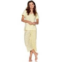 Ladies Cotton jersey floral stripe print Short Sleeve V Neck T-Shirt And Cropped Trouser Pyjama Set L - Lemon
