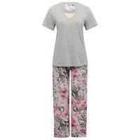 Ladies pure cotton short sleeve v neck full length lace insert floral print pyjama set - Pink