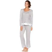 Ladies Long Sleeve Satin Trim Top And Full Length Trouser Polka Dot print Stretch Jersey Pyjama Set - Grey