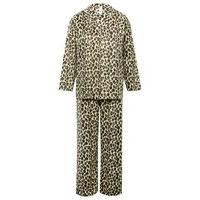 Ladies fleece animal leopard print long sleeve button up shirt and full length trousers pyjama set - Tan