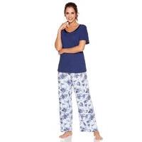 Ladies cotton plain short sleeve satin scoop neck top full length floral print trousers pyjama set - Blue
