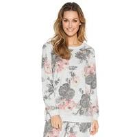 Ladies long sleeve super soft round neck grey and pink floral print loungewear pyjama sweater top - Grey Marl