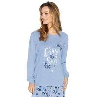 Ladies long sleeve super soft butterfly print chase the sun slogan loungewear sweater pyjama top - Chambray