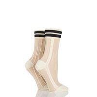 Ladies 2 Pair SockShop Sibling Sheer Striped Top Pop Socks