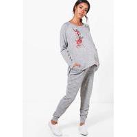 Laura Embroidered Applique Loungewear Set - grey
