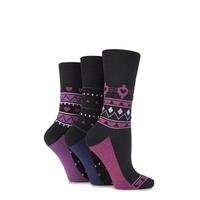 Ladies 3 Pair Gentle Grip Hermione Aztec and Heart Patterned Cotton Socks