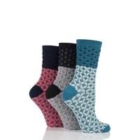 Ladies 3 Pair Urban Knit Diamond Knit Cotton Socks