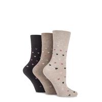 Ladies 3 Pair Gentle Grip Heart Patterned Cotton Socks