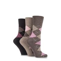 ladies 3 pair gentle grip argyle patterned cotton socks