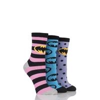 Ladies 3 Pair SockShop Batman Striped, Spotty and All Over Motif Cotton Socks