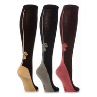 Ladies 3 Pair Elle Back Seam and Bow Cotton Knee High Socks