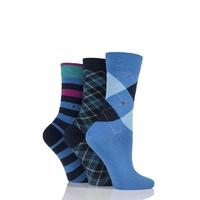 Ladies 3 Pair Burlington Queen Argyle, Selsey Stripe and Fine Argyle Cotton Socks in Gift Box