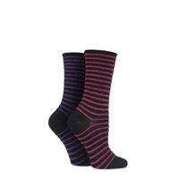 Ladies 2 Pair Elle Bamboo Feather Striped Socks