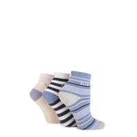 Ladies 3 Pair Elle Striped Cotton Anklet Socks with Buttons