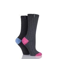 Ladies 2 Pair Glenmuir Ribbed Contrast Heel and Toe Cotton Leisure Socks