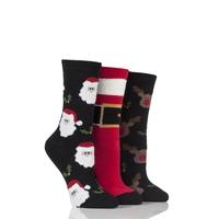 Ladies 3 Pair SockShop Just For Fun Santa and Rudolph Cotton Socks