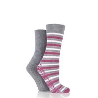Ladies 2 Pair Totes Wool Blend Original Twin Pack Stripe & Plain Slipper Socks