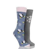 Ladies 2 Pair Totes Original Christmas Novelty Penguin and Snowflake Slipper Socks with Grip