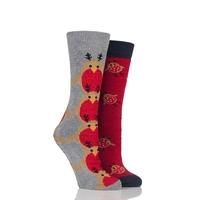 Ladies 2 Pair Totes Original Christmas Novelty Robin Slipper Socks with Grip