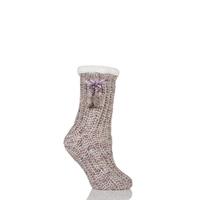 Ladies 1 Pair Totes Fleece Lined Ribbed Lurex Shine Slipper Socks with Pom Pom