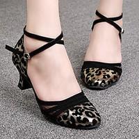 latin womens sandals low heel leopard grain with tulle dance shoes mor ...