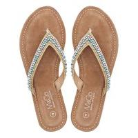 Ladies Coloured Bead Embellished Flip Flop Summer T Bar Sandals - Gold