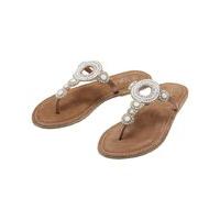 Ladies Embellished circles sandals boho chic beaded thong flip flop - White