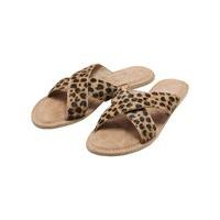 Ladies leopard print ponyskin cross strap durable sole leather flat sliders - Brown