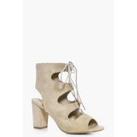 Lace Up Peeptoe Block Heel - stone