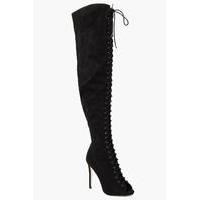 Lace Up Peeptoe Over The Knee Boot - black