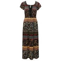 Ladies petite short sleeves peasant style floral print tie front summer maxi dress - Black