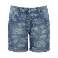 Ladies petite mid wash denim tropical printed five pocket summer shorts - Mid wash