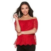 Ladies petite short sleeve lace Off Shoulder bardot neckline occasion top - Red