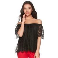 Ladies petite short sleeve lace Off Shoulder bardot neckline occasion top - Black