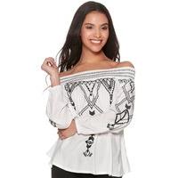 ladies petite long sleeve monochrome embroidered pattern off shoulder  ...