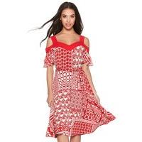 Ladies petite red tile print tie front cold shoulder fit and flare day dress - Red
