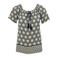 ladies petite size short sleeve scoop neck mosaic tassel tie front pea ...