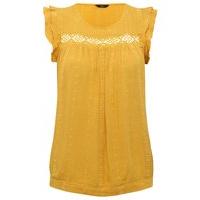 Ladies petite frill double layer sleeve embroidered crochet front summer top - Ochre