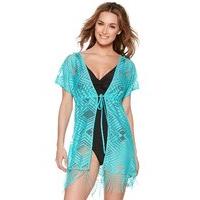 Ladies short sleeve textured diamond sheer panel tassel hem tie front v neckline beach cover up - Jade