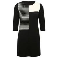 Ladies Petite 3/4 Sleeve Monochrome Colour Block and Stripe Design Tunic Dress - Black and White