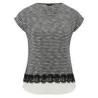 Ladies Petite Short Sleeve space dye Stripe Print Chiffon Hem Lace Detail Casual Jersey top - Grey