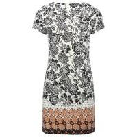 Ladies petite short sleeve keyhole fasten floral print contrasting border dress - Black and Ivory