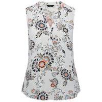 Ladies petite notch neck button plaque sleeveless floral print light jersey shirt - Ivory