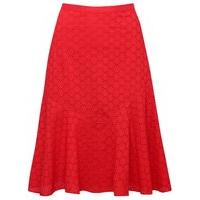 Ladies Petite size pure cotton plain high waist knee length a line textured schiffli skirt - Red